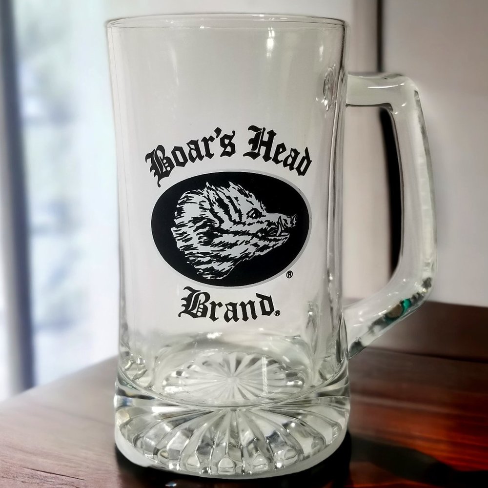 Rare Boar's Head Beer Mug – 24 oz Clear Glass Stein with Brand Logo